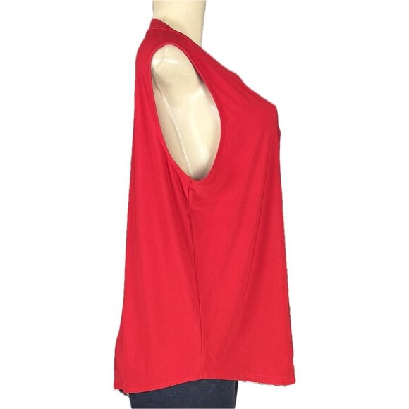 Anne Klein L Solid Red Crew Gold Logo Button Neck Curved Hem Sleeveless Blouse - Picture 4 of 6